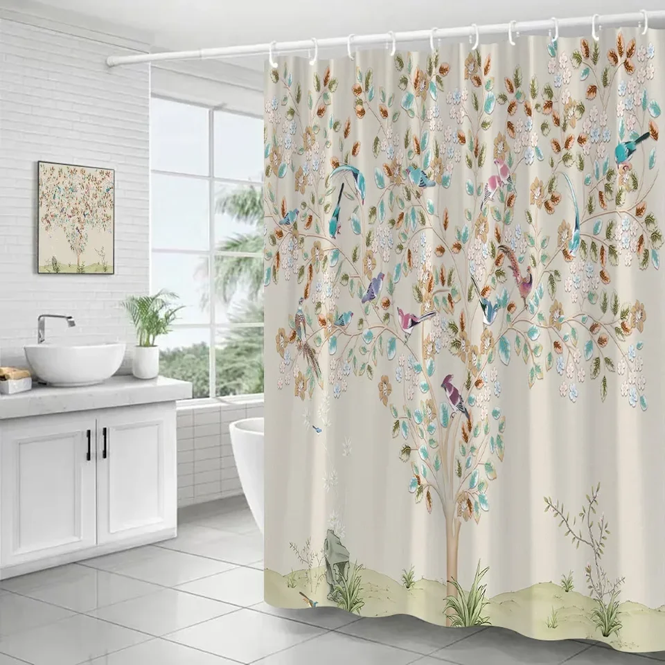 Kvety vtáky sprchové záclony kreatívne ružové kvetinové stromové rastliny Čínsky štýl Art Polyester Tkanina Decor