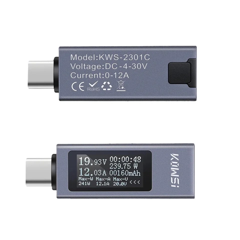 KWS-2301C Multifunkčný digitálny displej DC napätia ammeter napájací meter nabíjačku TYP-C Tester DC 4-30V 0-12A