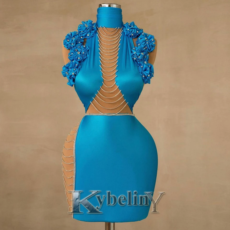 Kybeliny Trendy 3D kvety Homecoming šaty pre ženy vysoký krk Satin stĺpec Vestidos de Fiesta Party prispôsobené