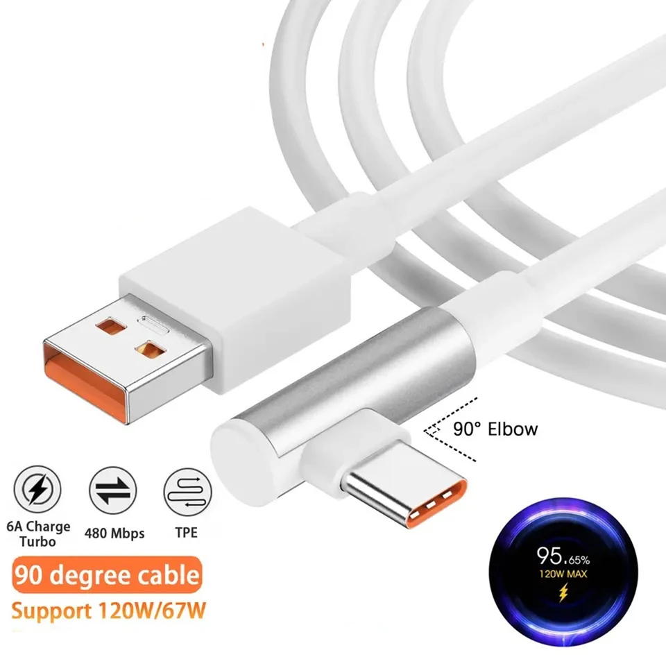 Kábel lakťového lakťa 6A 120W Super rýchle nabíjanie 90 ° Stupeň pre Xiaomi 15 14 Ultra Redmi Rýchle nabíjanie Dátové riadky Phone