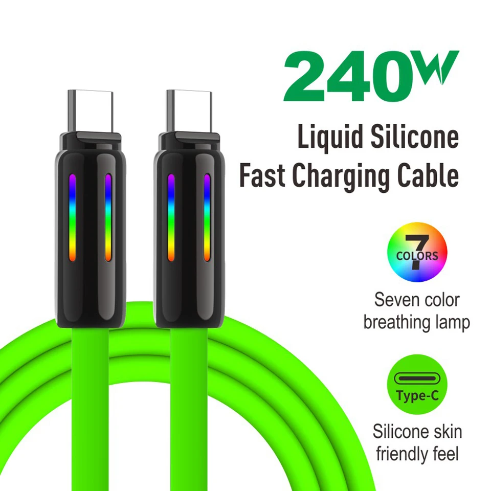 Kábel USB C až USB C 240W Silikónový kábel nabíjania USB-C Kábel typu C pre iPhone 15 a ďalšie zariadenia sedemfarebné dýchacie svetlo