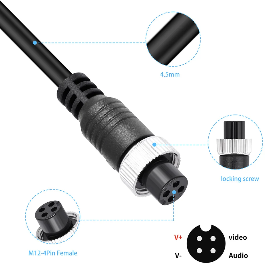 Kábel záložného fotoaparátu 4pin Video Power Aviation predlžovací drôt 10 m 12m 15m 20 m Shock -odolný pre reverzný spätný systém Monitor CCTV Systém CCTV