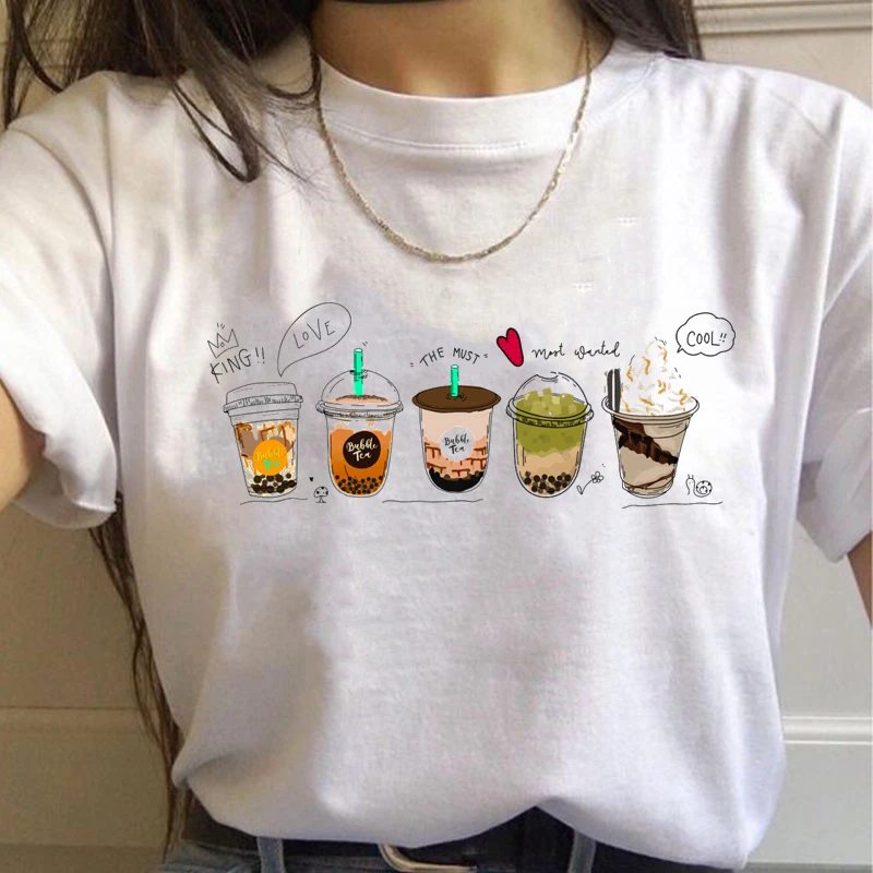 Káva, mliečny čaj, zmrzlina Funny Print Dámske dámske letné letné neformálne nadmerné tričko Dievčatá tričko Základné zaistenie