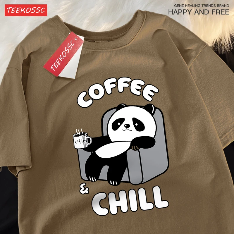 Kávová chill panda, ktorá si užíva čas tričká Men Men Dámsky vysokokvalitné nadmerné tričko voľné letné odevy odev