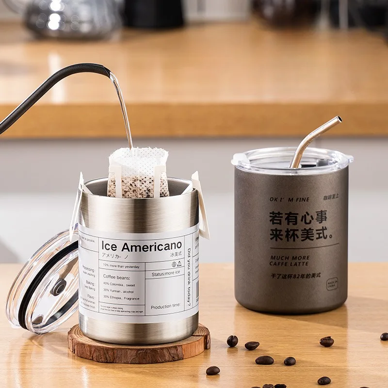 Kávový šálka Thermos 304 Nerezová oceľ Double -Loyer Cool Cooler Straw Cup Prenosný opakovane použiteľný ins ľad Americká fľaša na kávu na kávu