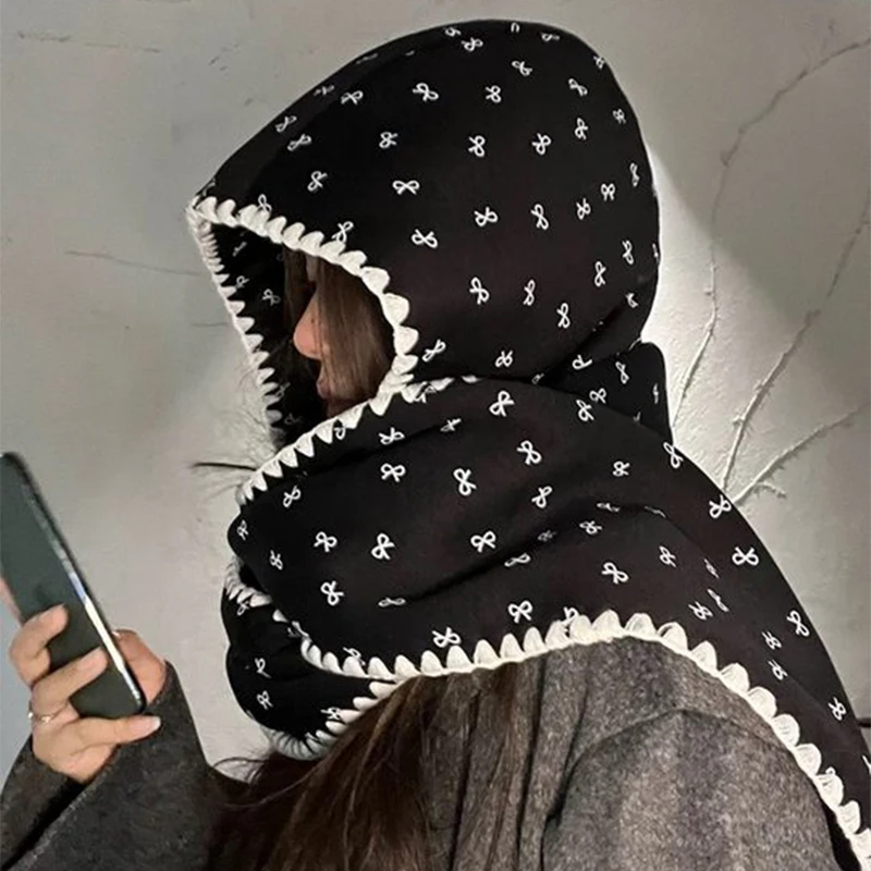 Kórea Bow klobúk a šál súprava pre ženy Dievčatá zima New Y2K Cape Pullover Hooded Hat Warm Cotton Hooded Shawl Balaclava Cap 2025