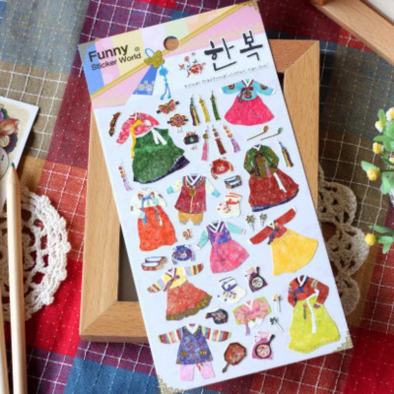 Kórea Národný kostým s výrezom nálepky roztomilé sukňové odevy scrapbooking papierový materiál Denník karty domáca dekorácia hobby remeslá