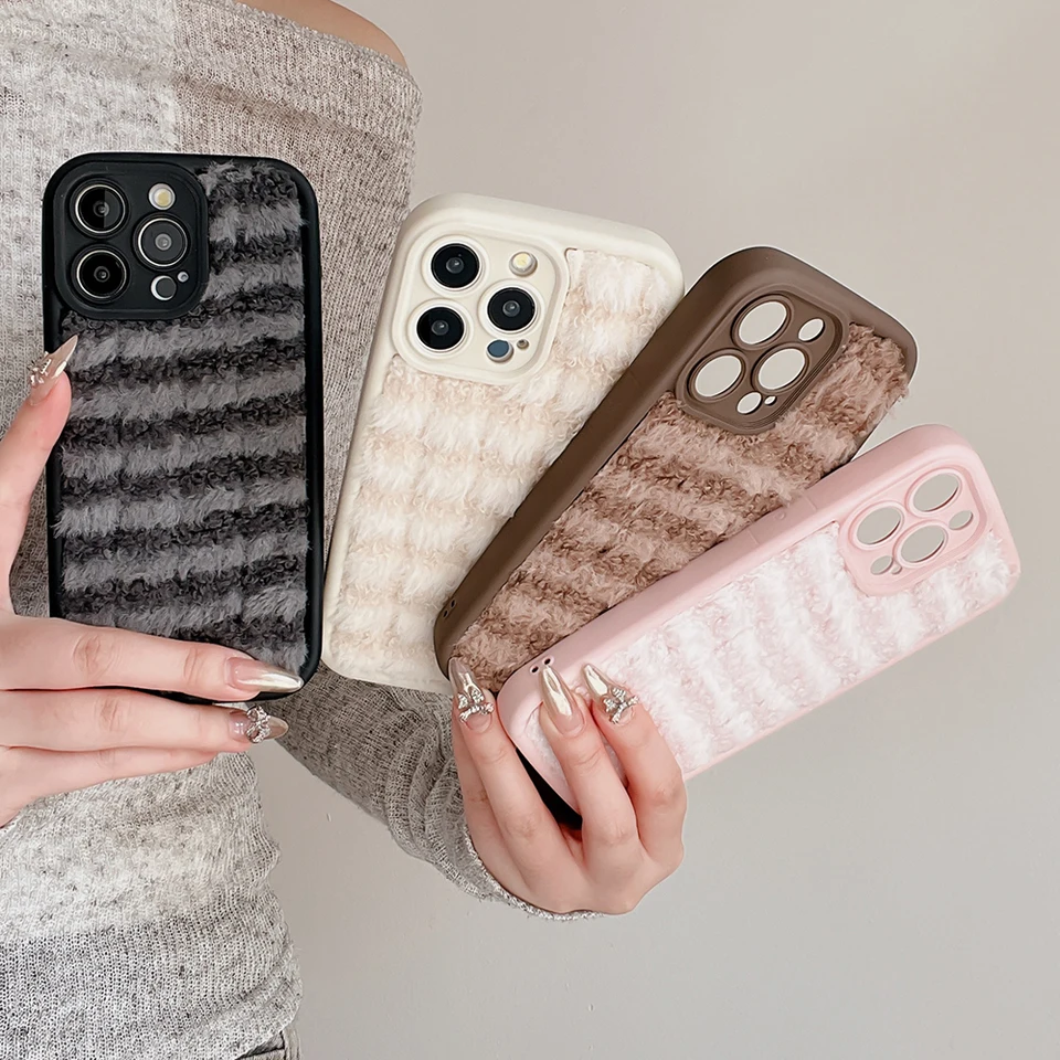 Kórea Winter 3d Mink Mink Hair Puzdet pre iPhone 16 15 14 13 11 12 Pro Max Plus roztomilé milostné chlpaté fuzzy našuchorené obal