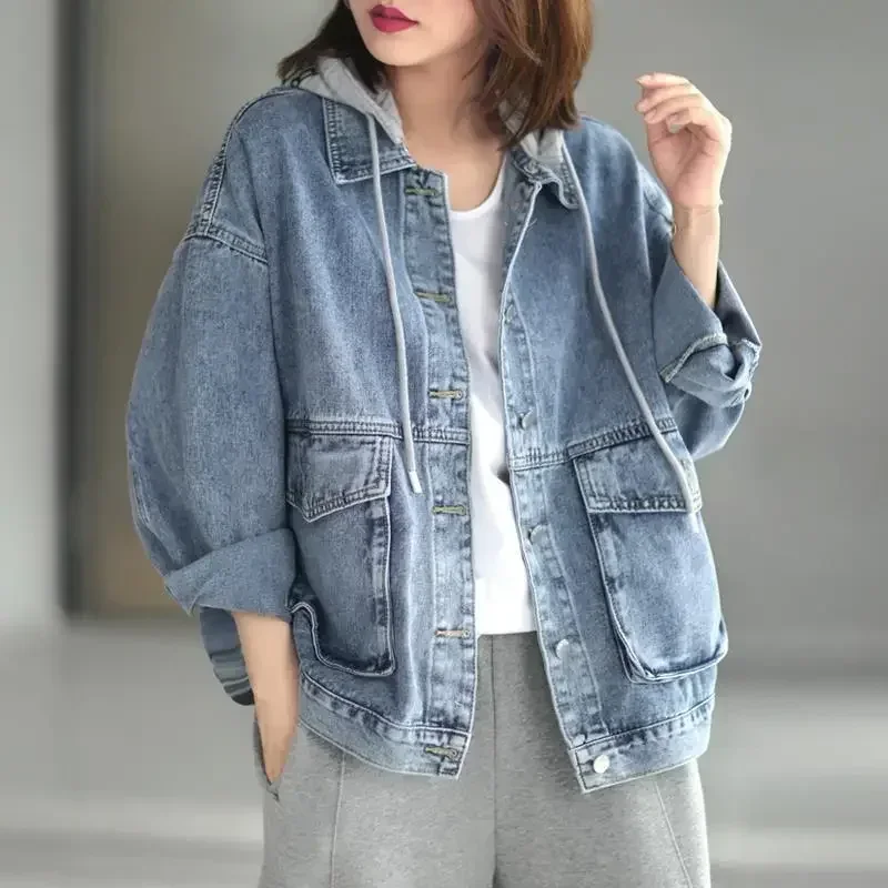 Kórejská džínsová bunda Ženy Spring New Casy Loose Loose Slimming Nadmerná s kapucňou Vintage Jean Coats Female Solid Jean Jacket Žena