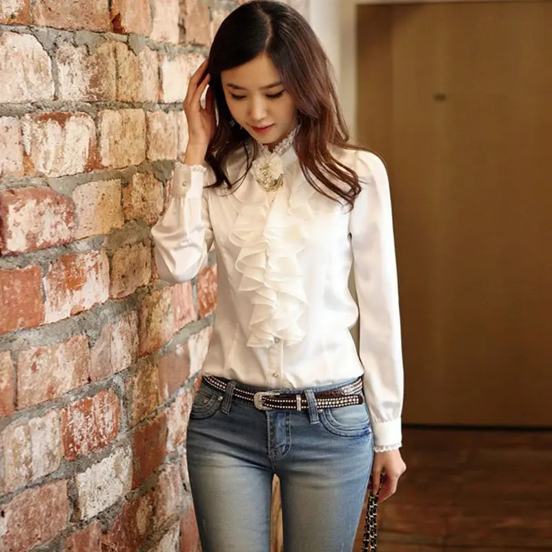Kórejská elegantná motýlik golier biela blúzka Ruffle Palace Victoria Ženská košeľa Elegantné štýlové trendy topy saténové hodvábne kancelárie Blusas