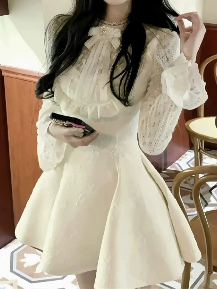 Kórejská elegantná princezná s dlhým rukávom Dámske šaty Dámske na jeseň Zimné vinobranie čipky Slim Party Dresses Hollow Out Elegantné plesové oblečenie 2025