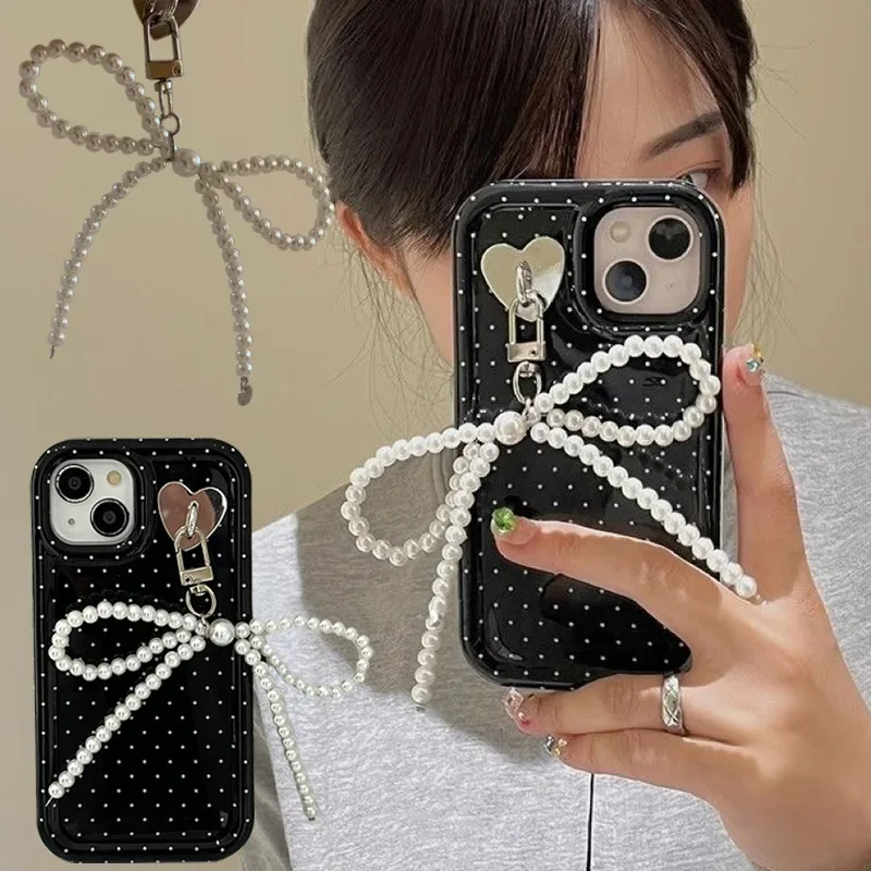 Kórejská jednoduchá plná farba 3D perl bowknot prívesok telefón telefónu iPhone Samsung Accessories Girls Y2K anti-kvapka