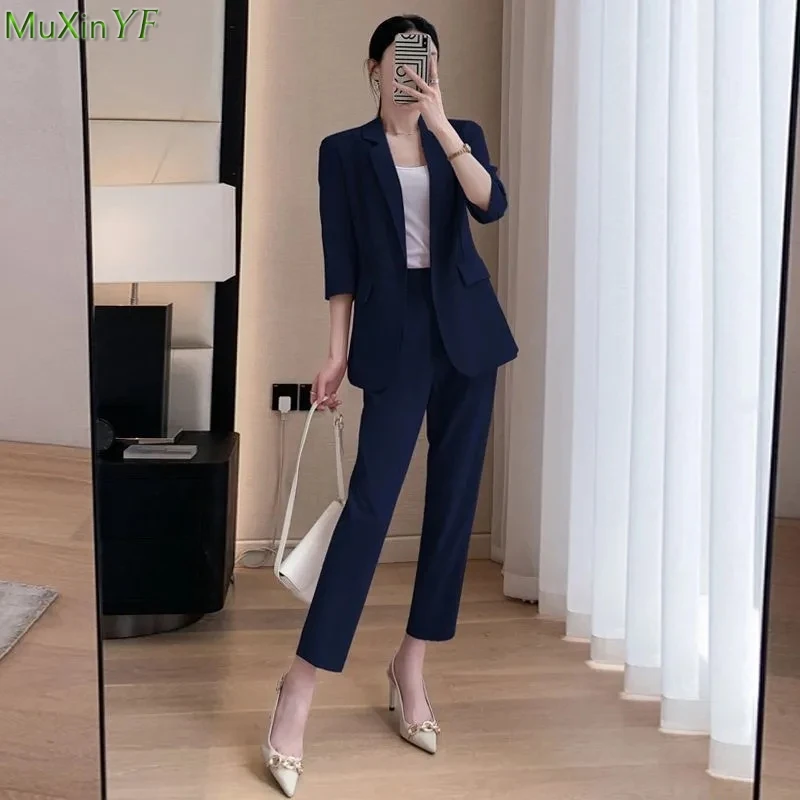 Kórejská kancelárska letná práca Letná práca tenký Slid Slim Blazers nohavice Dvojdielne súpravy Dámske prípravky Uniformné nohavice s kabátmi