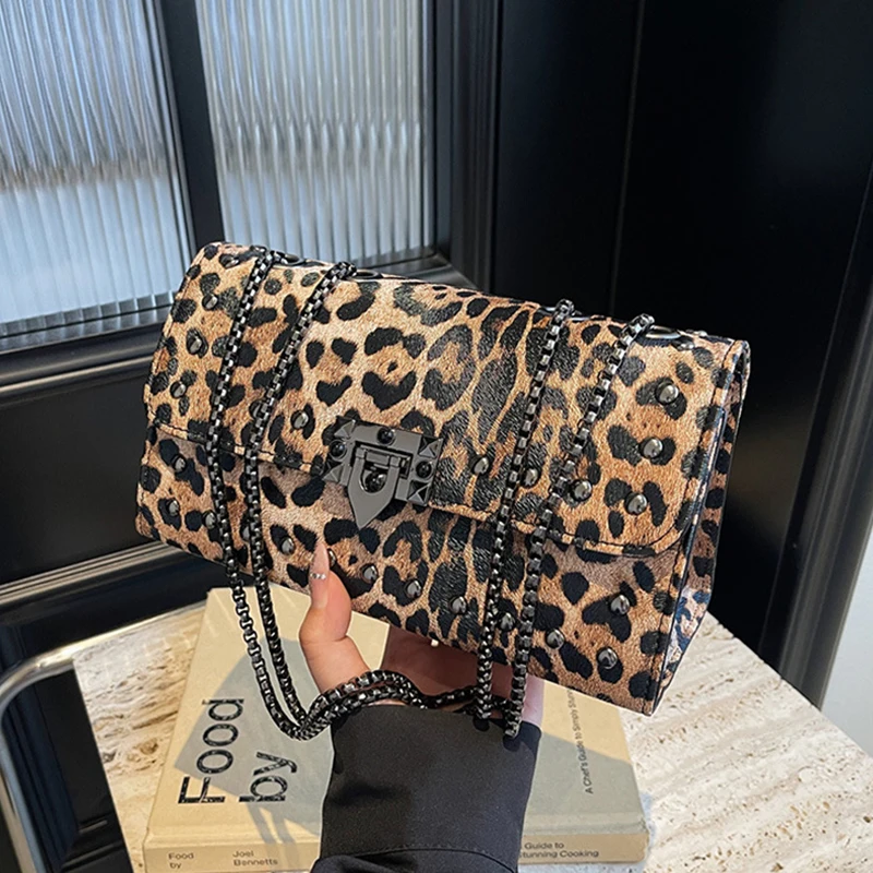 Kórejská leopardová tlač podriadený módny trend retiazka ramenná taška na rameno Willow Rivet Crossbody Bag 2024 Weomen's Bag