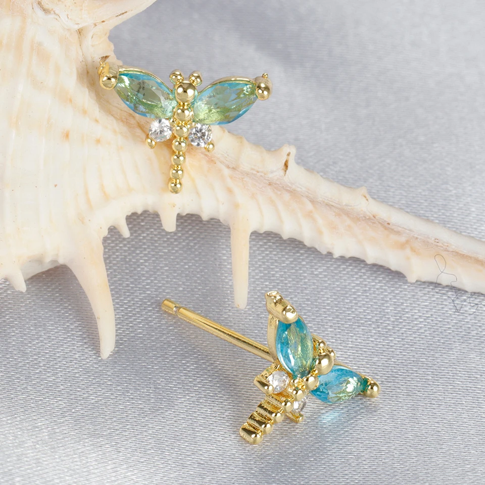 Kórejská móda z nehrdzavejúcej ocele Hmyz náušnice pre ženy Dievčatá roztomilý modrý zirkón Dragonfly Stud náušnice Piercing šperky darčeky