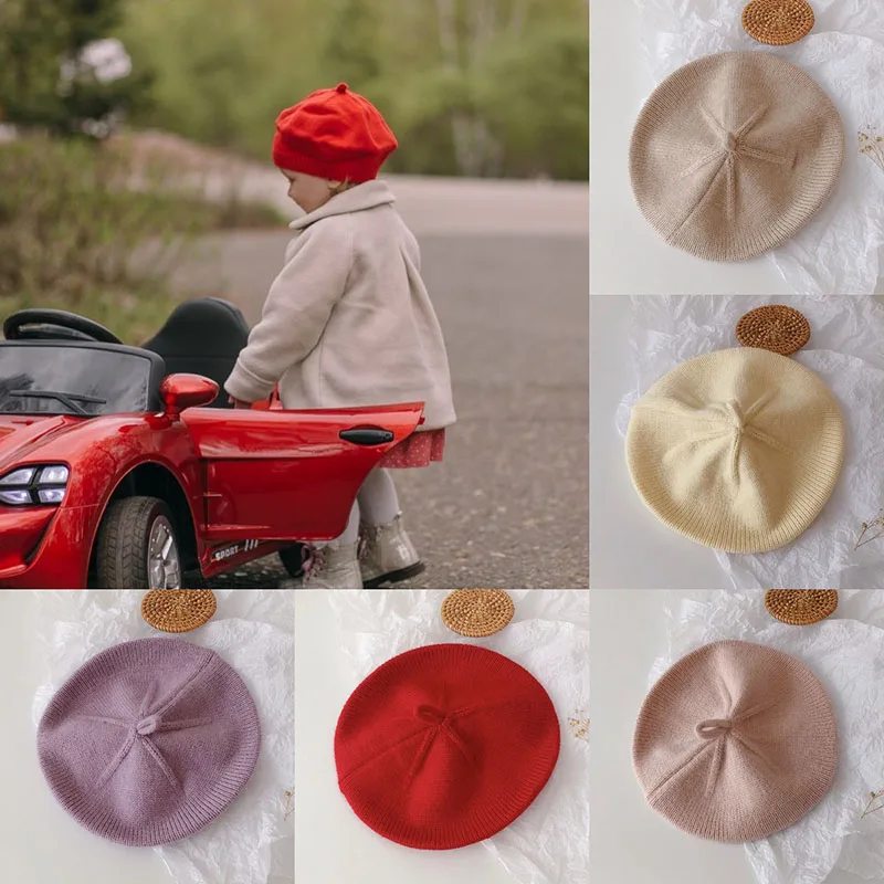 Kórejská princezná detská klobúk Solid Girls Vintage Autumn Winter Wat Bivet Baret Kids Knitted barets Detský umelec maliar kapota