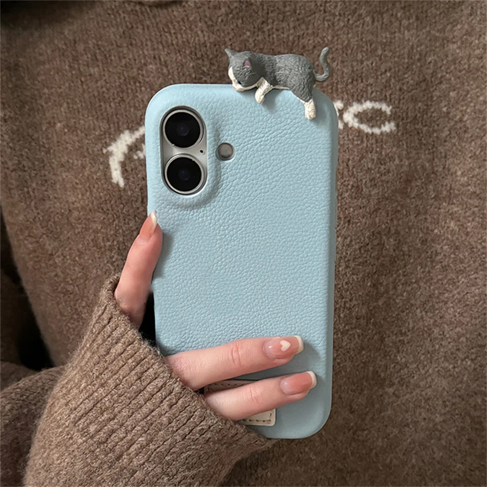 Kórejská roztomilá 3D mačka Soft Litchi Pattern Pase pre iPhone 16 15 14 13 12 11 pro max