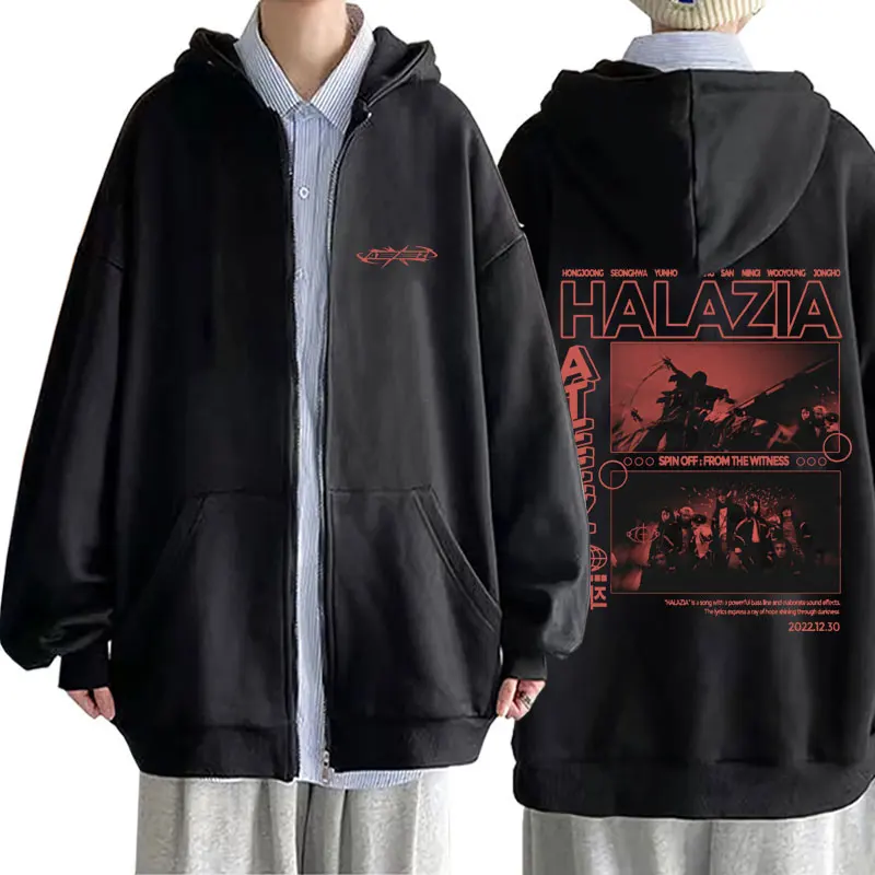 Kórejská skupina Ateez Graphic Zipper Hoodie Men Ženy Kpop módny trend zips -up bunda Muž Fleece Causal Nadmernised Zip Up Hoodies