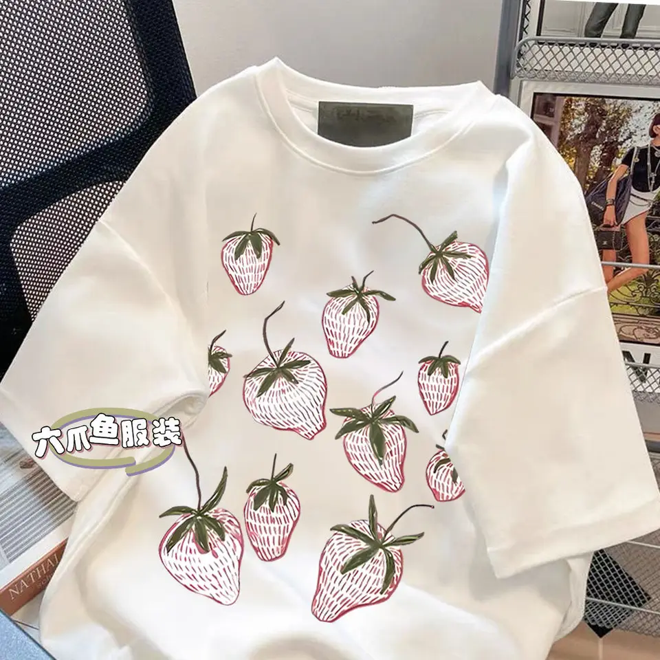 Kórejská značka y2k tričko roztomilé ovocné jahodové tričko Tshirt leto čistá bavlna pohodlie neformálne odpaliská s krátkym rukávom voľné oblečenie