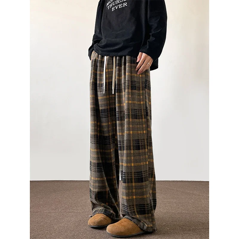 Kórejské baggy Plaid Pants Murajuku jesenná zimná široká šírka skontrolovaná nohavice Mužské nadmerné prípravné tepláky Y2K Streetwear Men