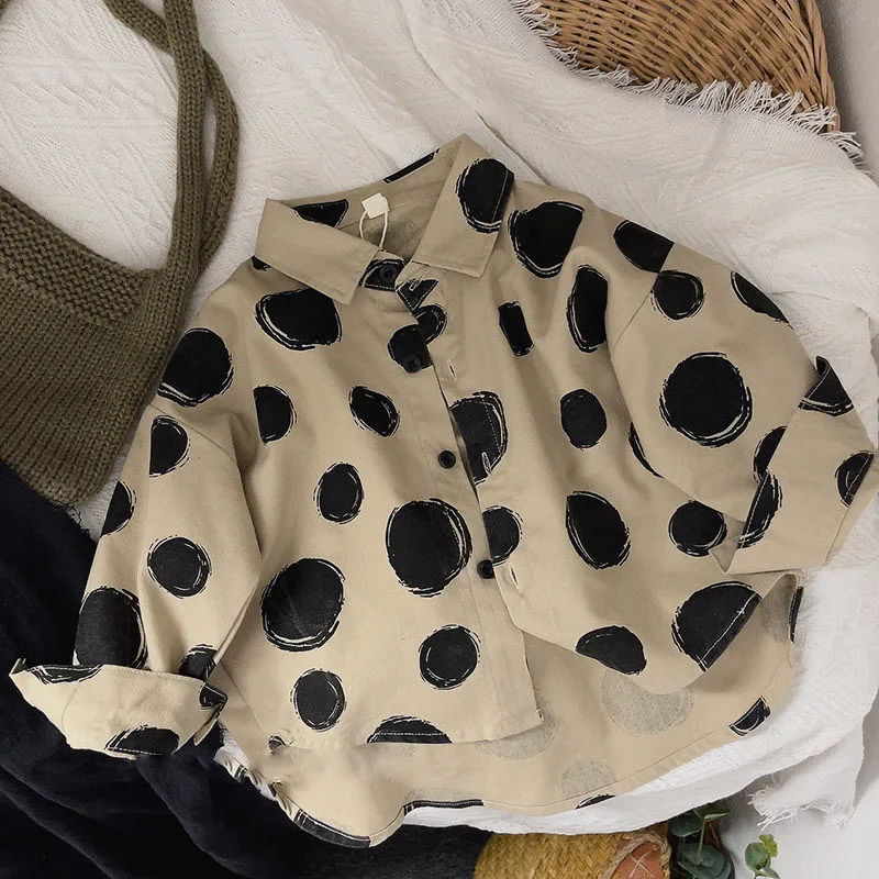 Kórejské detské košele Spring a jesenné chlapci a dievčenské košele Polka Dot Cotton and Linen Baby Cargan Jacket