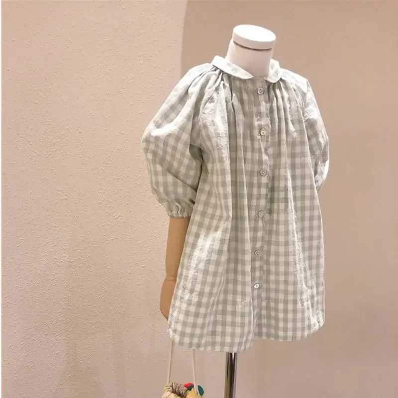 Kórejské detské oblečenie 2021 Summer Nové dievčatá z bavlny Plaid Plaid Tirl Dievčatá šaty Dievčatá šaty