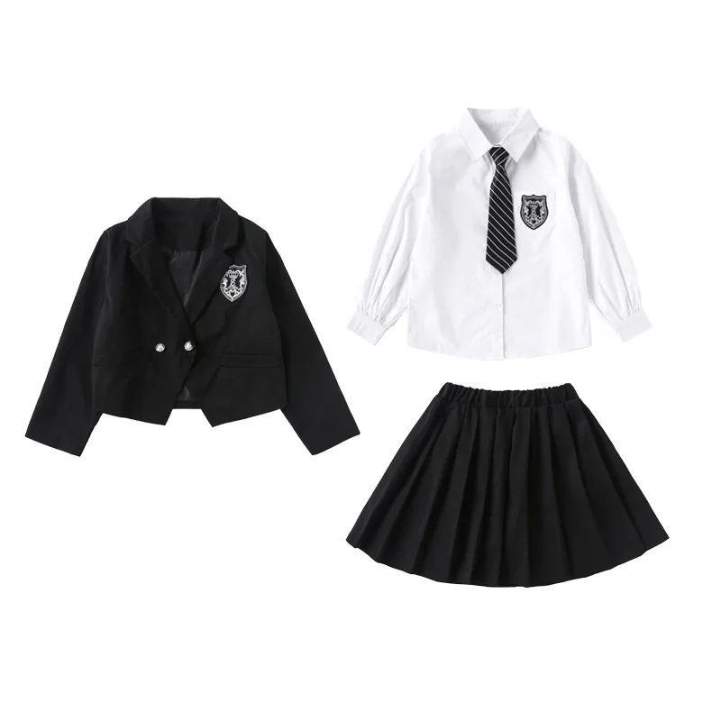 Kórejské detské oblečenie Girls Black Blazer Suits + Mini sukne + biele blúzky s dlhým rukávom Akademický štýl dospievajúci pád 2ks/3ks