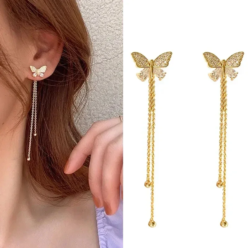 Kórejské elegantné roztomilé kamenné motýľové náušnice pre ženy Dievčatá módne kovové reťaze