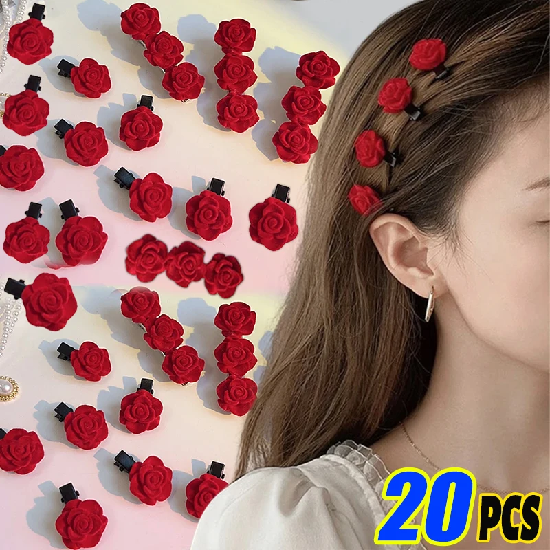 Kórejské malé červené zamatové ružové klipy pre ženy pre ženy kvetinové vlasové prvky Dievčatá Elegantné klipové klip Pin Barrettes svadobné vlasové doplnky