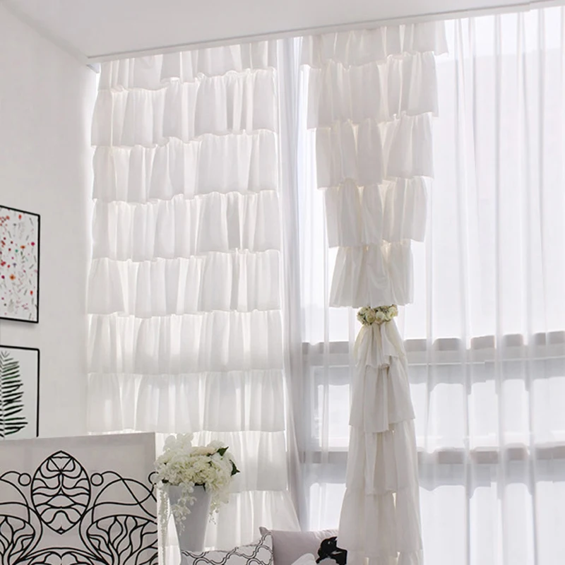 Kórejské romantické módne svetlo Flittering Curtains Princess Solid Bieli viacvrstvové košíčky sukne okenné závesy pre dievčenskú izbu