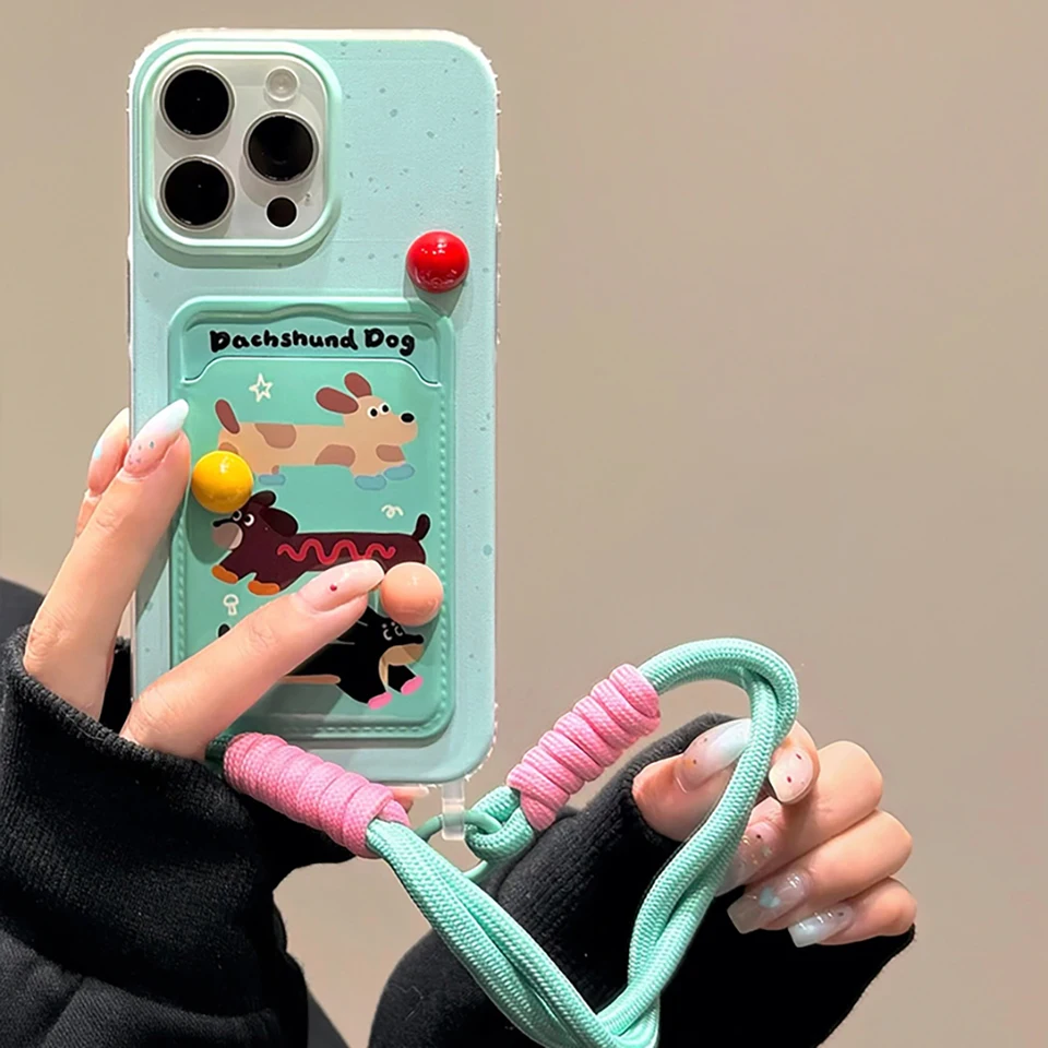 Kórejské roztomilé 3D jazvečkové sfarbené guľky s loptou s obalom pre reťazový telefón pre iPhone 16 15 14 13 12 11 Pro Max Plus x xr karta vrecka na karty