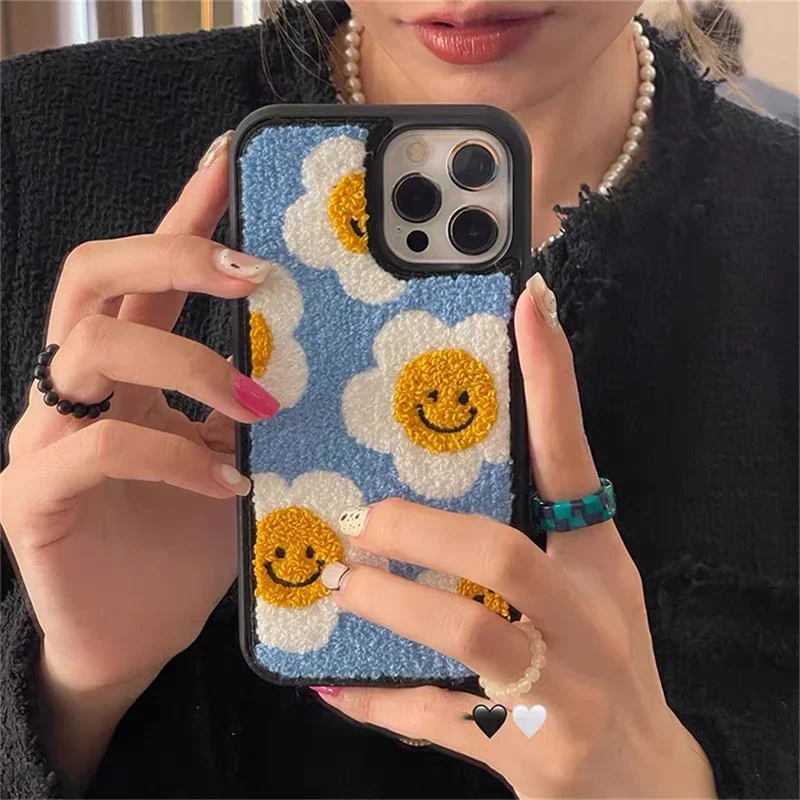 Kórejské roztomilé fuzzy plyšové kvetinové puzdro pre iPhone 16 15 Pro Max 14 13 12 11 pro max