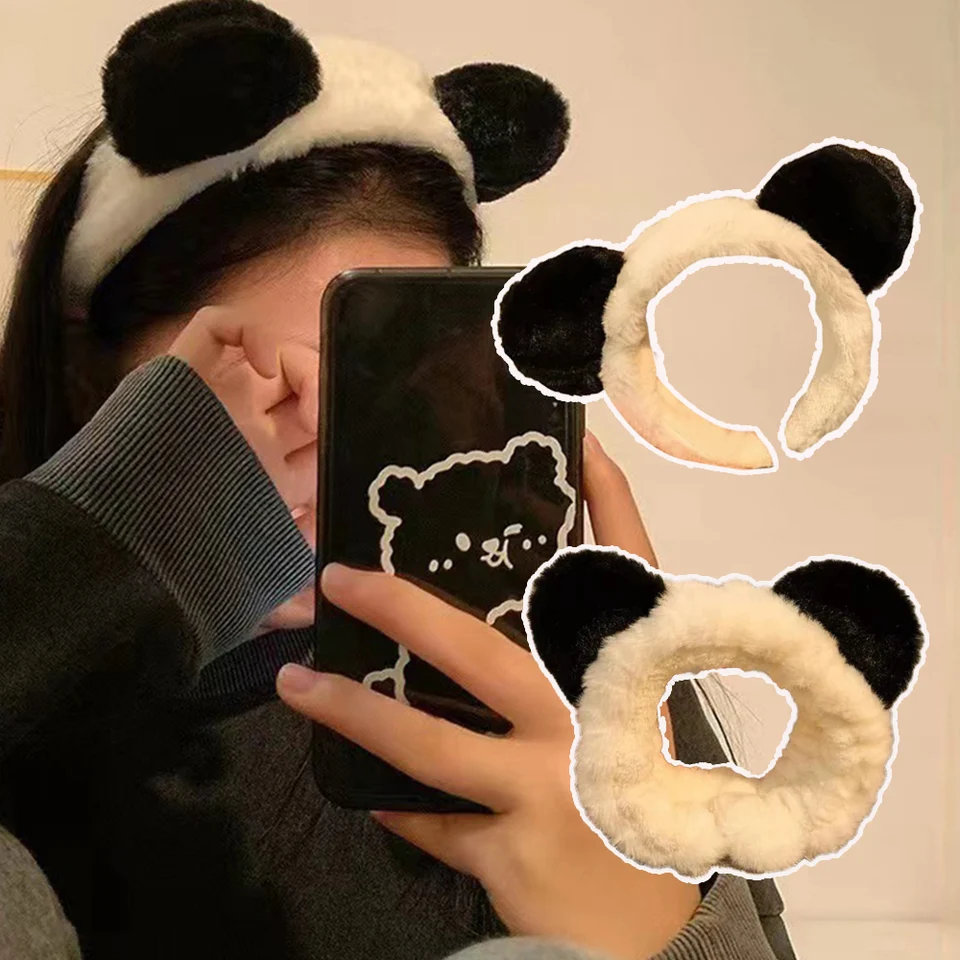 Kórejské roztomilé nadýchané plyšové panda čelenka pre ženy dievčatá Jeseň a zimná umývanie plyšové čelo čelenky Darčeky na vlasy