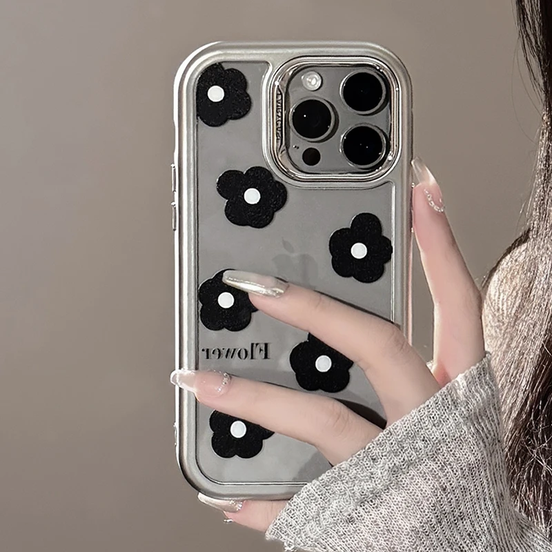 Kórejské roztomilé puzdro na čierny kvetinový telefón pre Apple Phone 15 14 13 Pro Max Plating Strieborný ráme