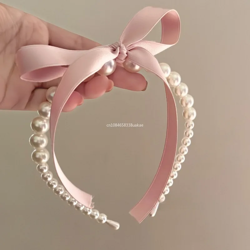 Kórejské ružové saténové perlové pásy vlasov krém Color Girl Girl Ribbon Sladký temperament čelenka vlasový obruč hlavy pokrývky šperky doplnky