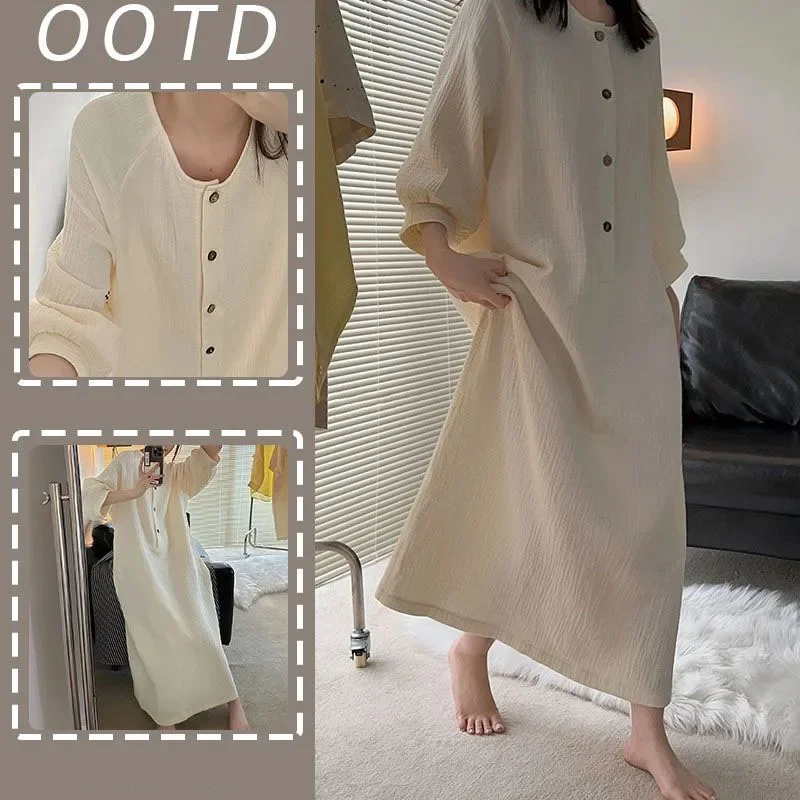 Kórejské spánkové oblečenie Ženy Nightgown Button Loose Nightwear Autumn Night Dress Solid One Pyskamas O-Neck Domov Wear Nové v roku 2024