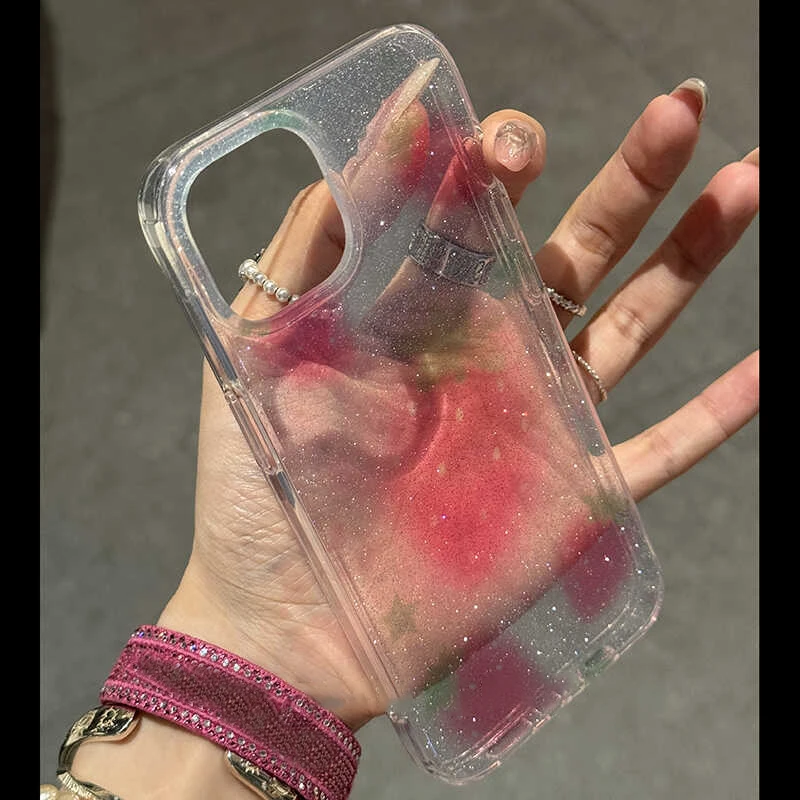 Kórejské trblietavé jahodové puzdro pre telefón pre iPhone 15 14 13 12 12 Pro Max Clear Creative Aestetics Shock -odolný mäkký obal