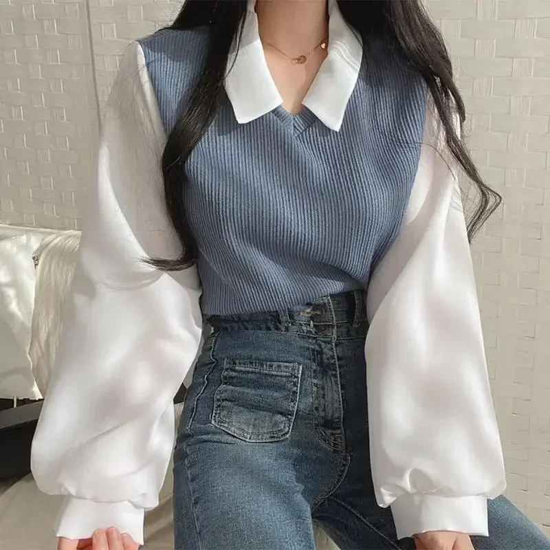 Kórejské tričko Y2K Tops False dvojdielne pólové goliere Dámska blúzka Spring Cast Streetwear Loose Femalove Pulloves Elegantné blúzky