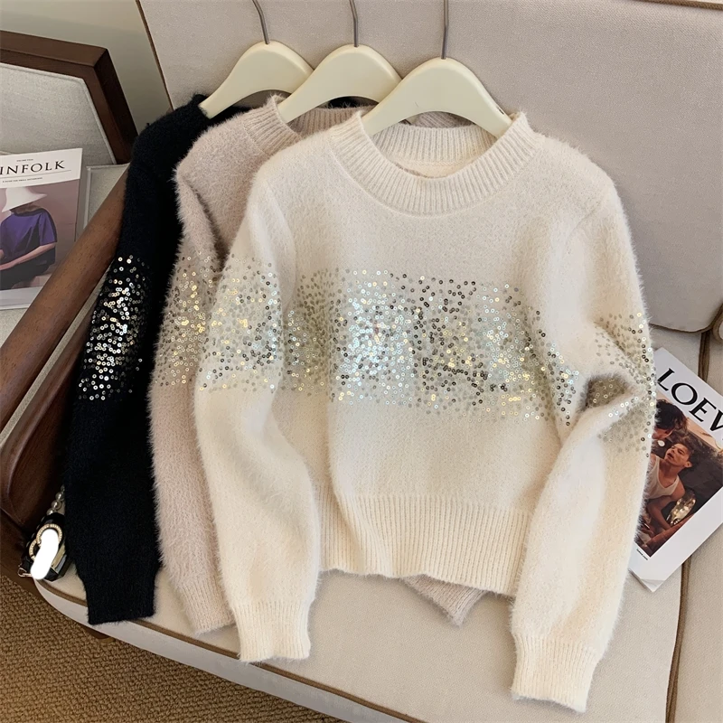 Kórejské zimné ženy marhuľové pulvover Cozy Cashmere Top Contrast Farby pletené bunda béžová béžová s dlhým rukávom Harajuku Vysoká kvalita