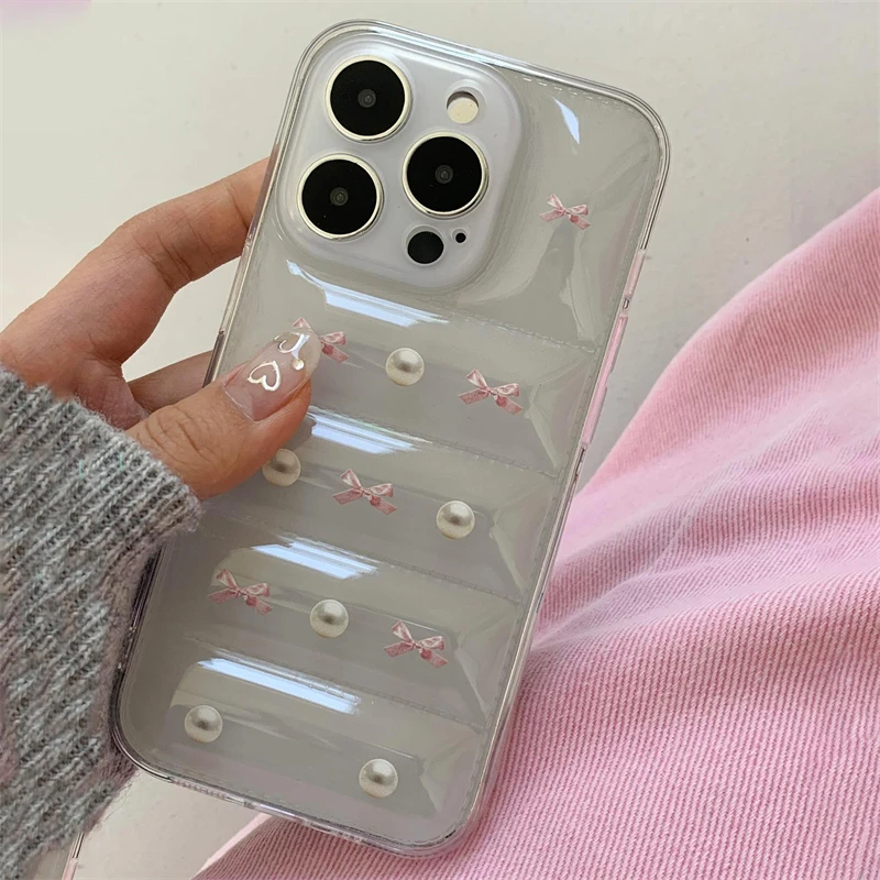 Kórejský 3D Puff Bowknot Pearl Transparent Puzdet pre telefón pre iPhone 15 14 13 12 11 Pro Max x xr xs max 7 8 plus SE Clear Back Cover