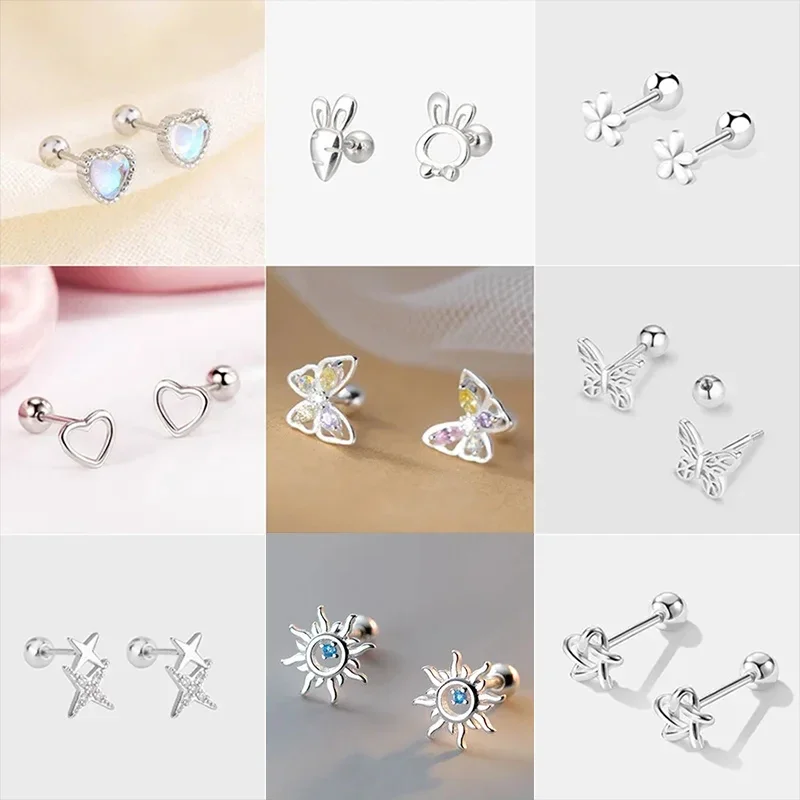Kórejský 925 Strieborná ihla Tragus prepichnutia helixové gombíky pre ženy 2ks motýľové srdce Trendy uší piercingové šperky