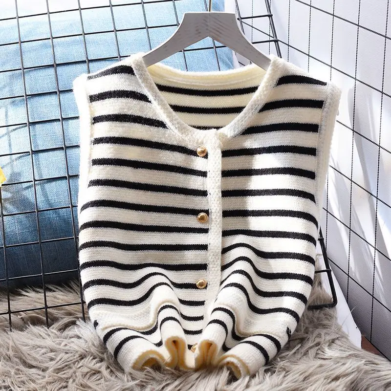 Kórejský elegantný pletený vest Stripe Príležitostné sladké kancelárske dámy bez rukávov a svetre s dlhým rukávom svetrky svetovej bundy Ženy Základné tielko