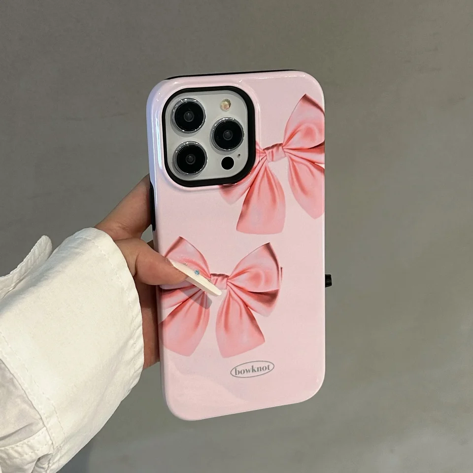 Kórejský ins Pink Bowknots Strenghened 2-v-1 Krásny IMD puzdro pre iPhone 15 14 13 Pro Max Plus zadný kryt telefónu pre 12 11 Pro Capa