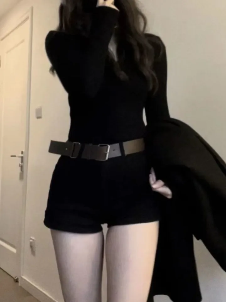 Kórejský jednoduchý V-krk dlhý rukáv Slim Fit Black Tops Women+ Y2K Grunge High Pase Split Shorts 2025 Summer Nové dvojdielne súpravy