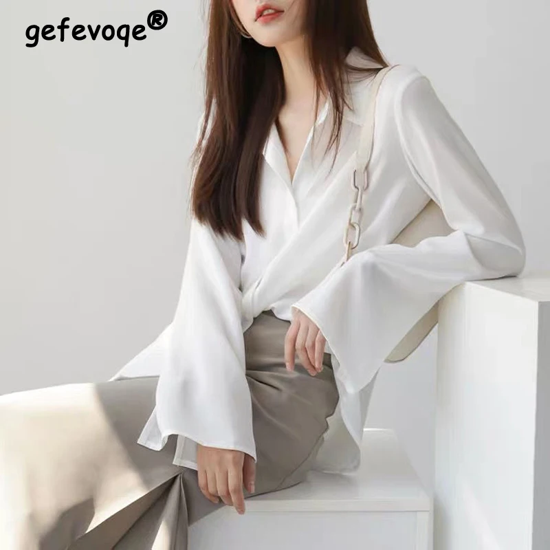 Kórejský jednoduchý štýl biele gombíky UP pre ženy 2023 jarné leto móda dlhá rukáv Loose Loose Street blúzka Top female blusas