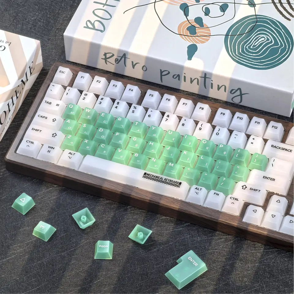 Kórejský keycap zelený matný matný matný priesvitný mechanický klávesový kľúče 122Keys čerešňový profil hmla Transparentné hangulové čiapky