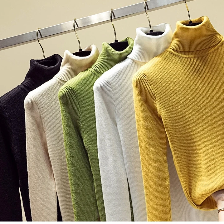 Kórejský korytnačky Sweater Ženy Jeseň Zimná zimná elegantná dámy pletené svetre ženy khaki šedá čierna biela žltá ružová sveter