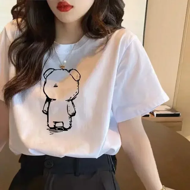 Kórejský minimalista Teddy Bear Print Krátky rukáv Dizajn Pocit výklenku Dámske letné nadmerne nadmerne voľné tričko s letným nadmerne nadmerne