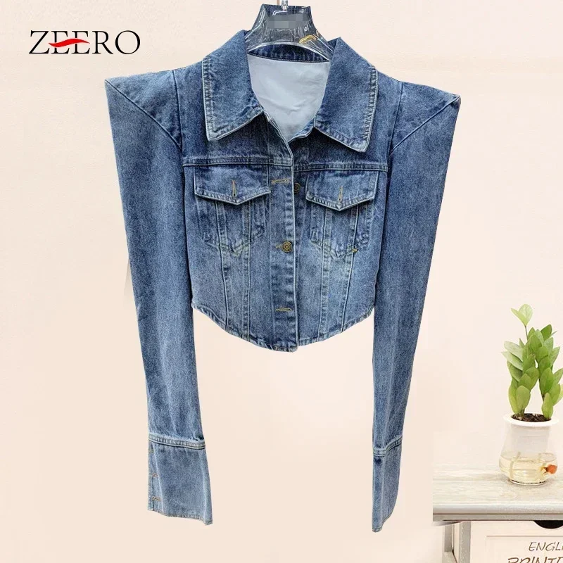 Kórejský modrý pravý uhol rukávy Rouchve Short Denim Coats Women Casual Retro retro džínsy