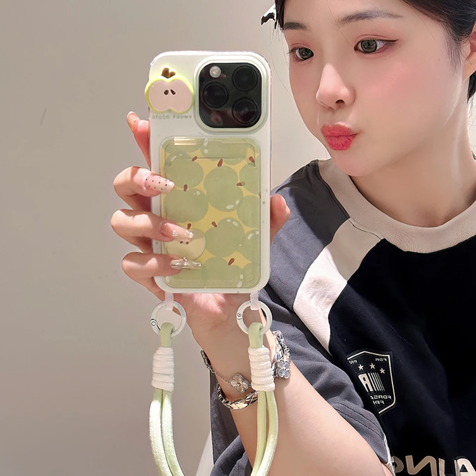 Kórejský roztomilý 3D zelená peňaženka Apple s reťazovým telefónom pre iPhone 15 14 13 11 12 Pro Max Plus xr x Lanyard Lope Card Cover Cover